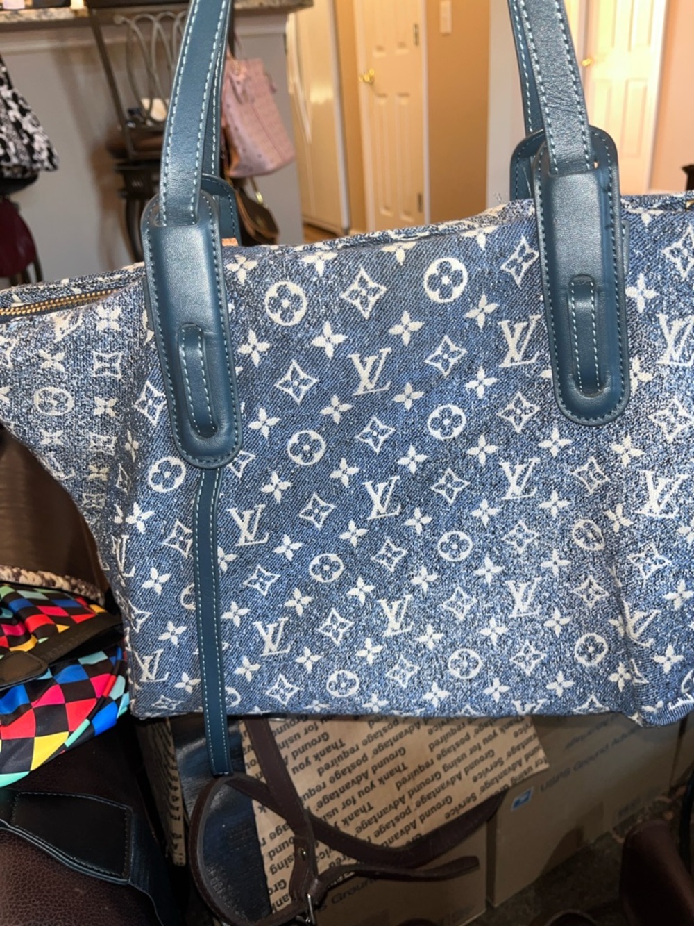 Fashion Blue Monogram Denim Tote Bag - Picture 2 of 16